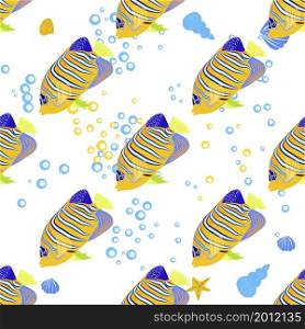 Emperor angelfish, Pomacanthus imperator seamless patterns, sea animal wildlife character. Nature underwater, marine wild ocean zoo fish. Emperor angelfish Pomacanthus imperator on white, sea animal wildlife character. Nature underwater, marine wild ocean zoo fish.