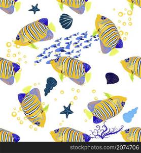 Emperor angelfish, Pomacanthus imperator seamless patterns, sea animal wildlife character. Nature underwater, marine wild ocean zoo fish. Emperor angelfish Pomacanthus imperator on white, sea animal wildlife character. Nature underwater, marine wild ocean zoo fish.
