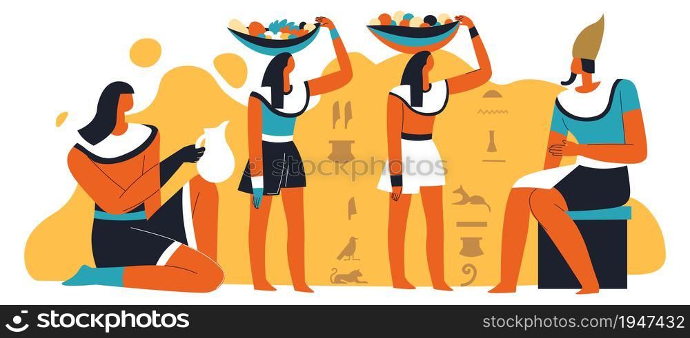 Emperor or pharoah with servants carrying food in baskets and drinks in jugs. Antique civilization rules and life.Rich and poor people, wall with drawn hieroglyphs. Vector in flat style illustration. Pharoah and slaves with food and drinks serving