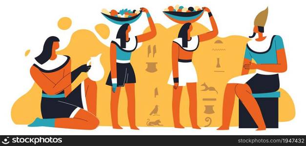 Emperor or pharoah with servants carrying food in baskets and drinks in jugs. Antique civilization rules and life.Rich and poor people, wall with drawn hieroglyphs. Vector in flat style illustration. Pharoah and slaves with food and drinks serving