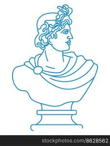 Emperor or poet, ancient noble man bust in stone or marble. Isolated classic sculpture of male character with laurel leaf on head, greek culture. Line art, minimalist sketch. Vector in flat style. Bust of man, Greek or Roman sculpture culture