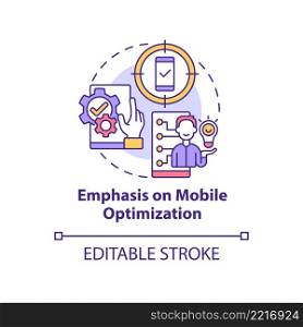Emphasis on mobile optimization concept icon. Ad channel. Marketing trend abstract idea thin line illustration. Isolated outline drawing. Editable stroke. Arial, Myriad Pro-Bold fonts used. Emphasis on mobile optimization concept icon