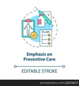 Emphasis on preventive care concept icon. Corporate insurance abstract idea thin line illustration. Isolated outline drawing. Editable stroke. Roboto-Medium, Myriad Pro-Bold fonts used. Emphasis on preventive care concept icon