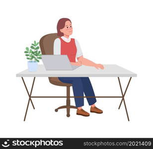 Employee at desk semi flat color vector character. Posing figure. Full body person on white. Corporate work isolated modern cartoon style illustration for graphic design and animation. Employee at desk semi flat color vector character