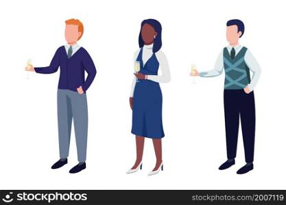 Employee at office party semi flat color vector character set. Standing figures. Full body people on white. Clerk isolated modern cartoon style illustration for graphic design and animation collection. Employee at office party semi flat color vector character set