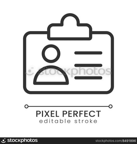 Employee badge pixel perfect linear icon. Worker identification. Security and access. Office pass. Thin line illustration. Contour symbol. Vector outline drawing. Editable stroke. Poppins font used. Employee badge pixel perfect linear icon