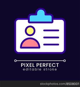Employee badge pixel perfect RGB color icon for dark theme. Worker identification. Security and access. Simple filled line drawing on night mode background. Editable stroke. Poppins font used. Employee badge pixel perfect RGB color icon for dark theme