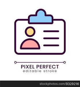 Employee badge pixel perfect RGB color icon. Worker identification. Security and access. Office pass. Isolated vector illustration. Simple filled line drawing. Editable stroke. Poppins font used. Employee badge pixel perfect RGB color icon