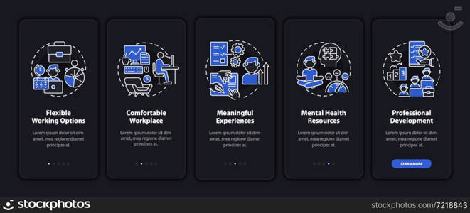 Employee benefits dark onboarding mobile app page screen. Workplace perks walkthrough 5 steps graphic instructions with concepts. UI, UX, GUI vector template with linear night mode illustrations. Employee benefits dark onboarding mobile app page screen