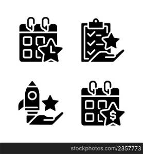 Employee bonus program black glyph icons set on white space. Workplace incentive and retention. Time off reward. Annual bonus. Silhouette symbols. Solid pictogram pack. Vector isolated illustration. Employee bonus program black glyph icons set on white space