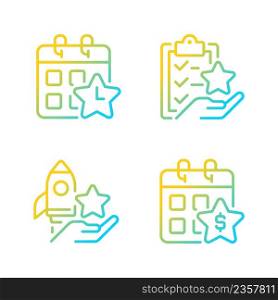 Employee bonus program gradient linear vector icons set. Workplace incentive and retention. Time off reward. Thin line contour symbol designs bundle. Isolated outline illustrations collection. Employee bonus program gradient linear vector icons set