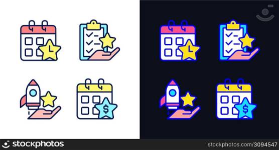 Employee bonus program pixel perfect light and dark theme color icons set. Workplace incentive and retention. Simple filled line drawings. Bright cliparts on white and black. Editable stroke. Employee bonus program pixel perfect light and dark theme color icons set