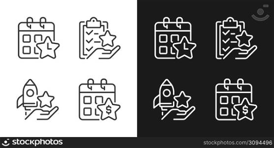 Employee bonus program pixel perfect linear icons set for dark, light mode. Workplace incentive. Time off reward. Thin line symbols for night, day theme. Isolated illustrations. Editable stroke. Employee bonus program pixel perfect linear icons set for dark, light mode