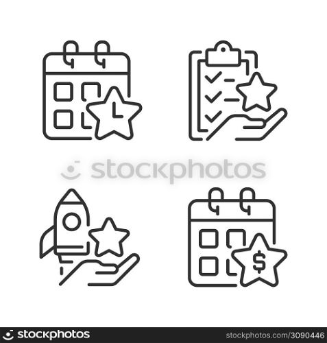 Employee bonus program pixel perfect linear icons set. Workplace incentive and retention. Time off reward. Customizable thin line symbols. Isolated vector outline illustrations. Editable stroke. Employee bonus program pixel perfect linear icons set