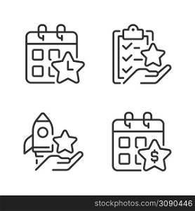 Employee bonus program pixel perfect linear icons set. Workplace incentive and retention. Time off reward. Customizable thin line symbols. Isolated vector outline illustrations. Editable stroke. Employee bonus program pixel perfect linear icons set