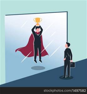 Employee Businessman Sees Himself Mirror as Winner Superhero