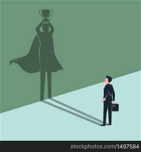 Employee Businessman Sees Himself Shadow as Winner Superhero