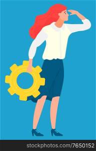 Employee character holding cogwheel, business ambitions. Worker developing, woman setting, company innovation, creative idea, development technology vector. Worker Setting, Business Ambitions, Develop Vector