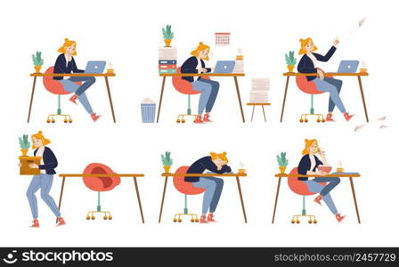 Employee character work with laptop in office. Concept of procrastination, deadline, dismissal. Vector flat illustration of workplace with woman busy, lazy, sleeping, eating, and fired. Employee character work with laptop in office