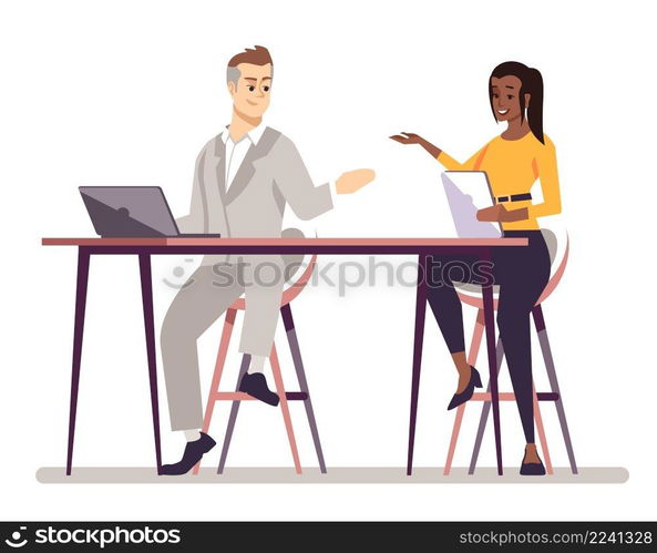 Employee collaboration semi flat RGB color vector illustration. Colleagues discussing work plan isolated cartoon characters on white background. Employee collaboration semi flat RGB color vector illustration