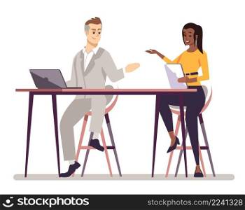 Employee collaboration semi flat RGB color vector illustration. Colleagues discussing work plan isolated cartoon characters on white background. Employee collaboration semi flat RGB color vector illustration