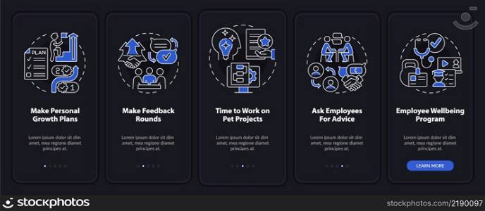 Employee commitment activities night mode onboarding mobile app screen. Walkthrough 5 steps graphic instructions pages with linear concepts. UI, UX, GUI template. Myriad Pro-Bold, Regular fonts used. Employee commitment activities night mode onboarding mobile app screen