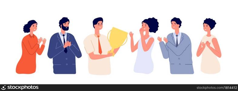 Employee congratulation. Emotional greeting, executive woman get reward from colleagues. Flat successful business team utter vector concept. Illustration congratulation employee from team. Employee congratulation. Emotional greeting, executive woman get reward from colleagues. Flat successful business team utter vector concept