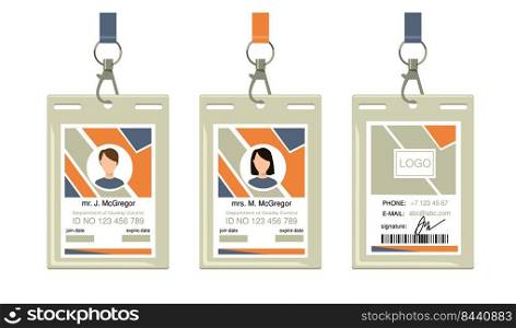 Employee corporate bad≥s. ID, pass, hanging identification card with name. Vector illustration for identity, security, corporate access toπcs