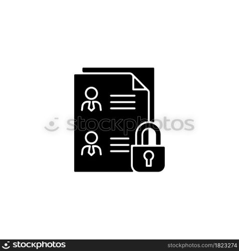 Employee data protection black glyph icon. Safeguarding personal data in workplace. Managing personnel files. Securing employee records. Silhouette symbol on white space. Vector isolated illustration. Employee data protection black glyph icon