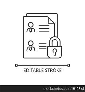 Employee data protection linear icon. Safeguarding personal data in workplace. Personnel files. Thin line customizable illustration. Contour symbol. Vector isolated outline drawing. Editable stroke. Employee data protection linear icon
