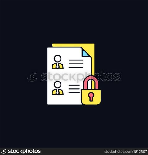 Employee data protection RGB color icon for dark theme. Safeguarding personal data in workplace. Isolated vector illustration on night mode background. Simple filled line drawing on black. Employee data protection RGB color icon for dark theme