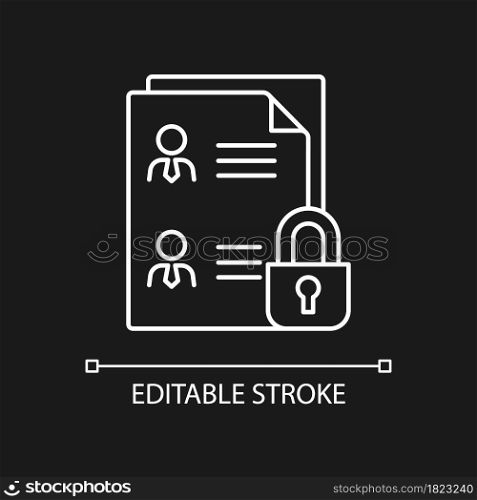 Employee data protection white linear icon for dark theme. Securing records. Personnel files. Thin line customizable illustration. Isolated vector contour symbol for night mode. Editable stroke. Employee data protection white linear icon for dark theme