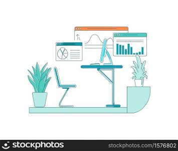 Employee desk flat color vector scene. Chart with information. Diagrams with data. Desktop with computer. Cabinet space isolated cartoon illustration for web graphic design and animation. Employee desk flat color vector scene