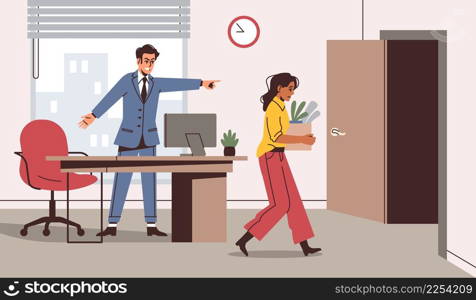 Employee dismissal. Angry boss and unhappy sad woman with things box leaves office, career end, unemployment, fired person, scared business woman and manager vector cartoon flat style isolated concept. Employee dismissal. Angry boss and unhappy sad woman with things box leaves office, career end, unemployment, fired person, scared business woman and manager vector isolated concept