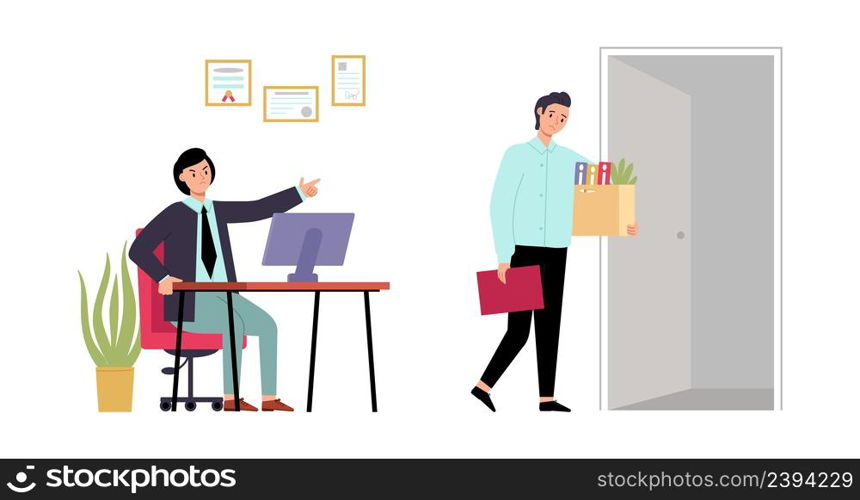 Employee dismissal. Business boss and jobless man, leave work place. Manager in stress, team leader dismiss professional, decent vector scene. Work unemployment illustration. Employee dismissal. Business boss and jobless man, leave work place. Manager in stress, team leader dismiss professional, decent vector scene