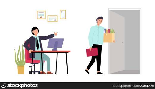 Employee dismissal. Business boss and jobless man, leave work place. Manager in stress, team leader dismiss professional, decent vector scene. Work unemployment illustration. Employee dismissal. Business boss and jobless man, leave work place. Manager in stress, team leader dismiss professional, decent vector scene