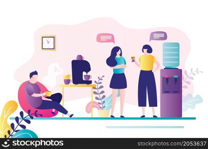 Employee drink coffee at lunch time. Two colleagues standing near water cooler and communicate. Business people relax on office break. Coffee machine with cups on table. Flat vector illustration. Employee drink coffee at lunch time. Two colleagues standing near water cooler and communicate. Business people relax on office break