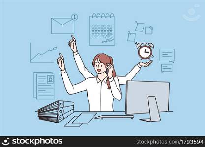Employee efficiency and multitask concept. Young woman worker sitting in office having productive day. Quality and timeliness, work optimization vector illustration. Employee efficiency and multitask concept