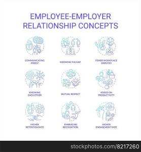 Employee employer relationship blue gradient concept icons set. Engage workers. Relations in workplace idea thin line color illustrations. Isolated symbols. Roboto-Medium, Myriad Pro-Bold fonts used. Employee employer relationship blue gradient concept icons set