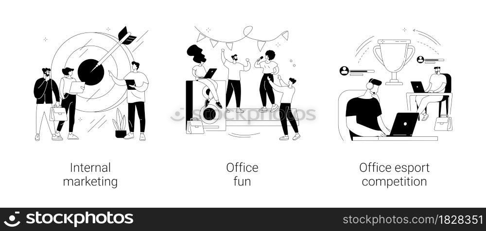 Employee engagement abstract concept vector illustration set. Internal marketing, office fun and esport competition, stress management, teambuilding, video game tournament abstract metaphor.. Employee engagement abstract concept vector illustrations.
