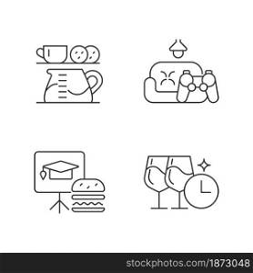 Employee engagement linear icons set. Office coffee station. Game room. Training session during lunch. Customizable thin line contour symbols. Isolated vector outline illustrations. Editable stroke. Employee engagement linear icons set