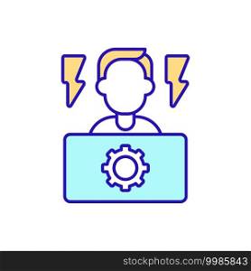 Employee having stress from working at computer RGB color icon. Irregular work schedule. Health problems and stress in information technology and outsourcing employees. Isolated vector illustration. Employee having stress from working at computer RGB color icon