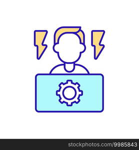 Employee having stress from working at computer RGB color icon. Irregular work schedule. Health problems and stress in information technology and outsourcing employees. Isolated vector illustration. Employee having stress from working at computer RGB color icon