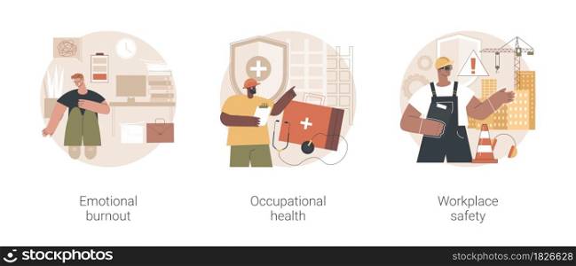 Employee health abstract concept vector illustration set. Emotional burnout, occupational health, workplace safety, overload, injury prevention, labor condition, working environment abstract metaphor.. Employee health abstract concept vector illustrations.