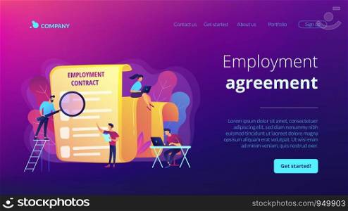 Employee hiring. Business document. HR management. Employment agreement, employment contract form, employee and employer relations concept. Website homepage landing web page template.. Employment agreement concept landing page