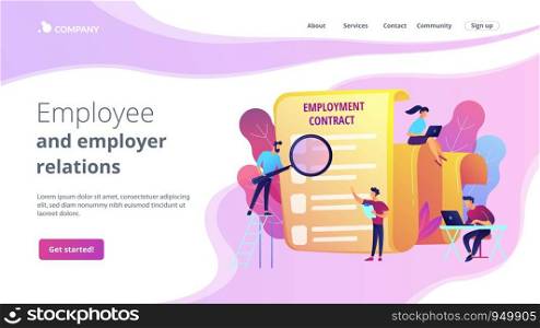 Employee hiring. Business document. HR management. Employment agreement, employment contract form, employee and employer relations concept. Website homepage landing web page template.. Employment agreement concept landing page