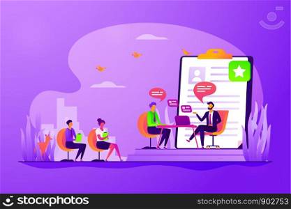 Employee hiring. Recruiter and vacancy candidates. Personnel recruitment. HR management. Job interview, employment process, choosing a candidate concept. Vector isolated concept creative illustration. Job interview concept vector illustration
