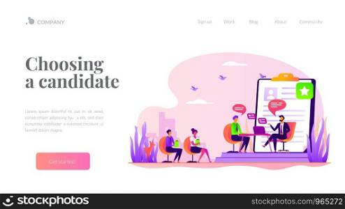 Employee hiring. Recruiter and vacancy candidates. Personnel recruitment. HR management. Job interview, employment process, choosing a candidate concept. Website homepage header landing web page template.. Job interview landing page template