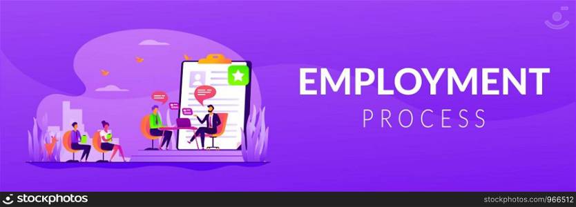 Employee hiring. Recruiter and vacancy candidates. Personnel recruitment. HR management. Job interview, employment process, choosing a candidate concept. Header or footer banner template with copy space.. Job interview web banner concept