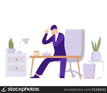 Employee illness in office illustration. Character with thermometer and runny nose is trying to work in his office an attempt to turn deadline when he feels unwell modern vector business days.. Employee illness in office illustration. Character with thermometer and runny nose is trying to work.